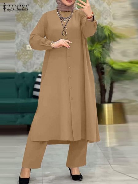 

jeans zanzea fashion muslim women lapel neck long sleeve shirt wide leg pant sets islamic ramadan turkey clothing 2pcs urban tracksuit, Blue