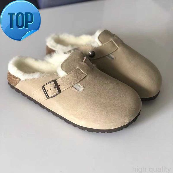 

slippers boston shearling sandals fur mule slipper designer clogs suede leathe wook fur cork flat slides fashion c, Black