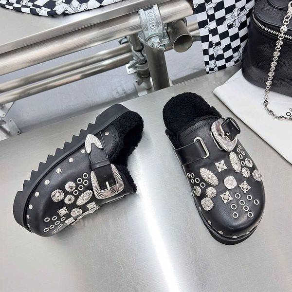 

designer slippers women's toga virilis winter fashion punk style thick bottom black metal decoration belt buckle warm flat heel serrate