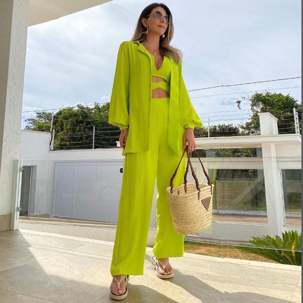 

pants popular 2022 fluorescent green suit collar shirt jacket high waist straight trousers temperament twopiece women, White