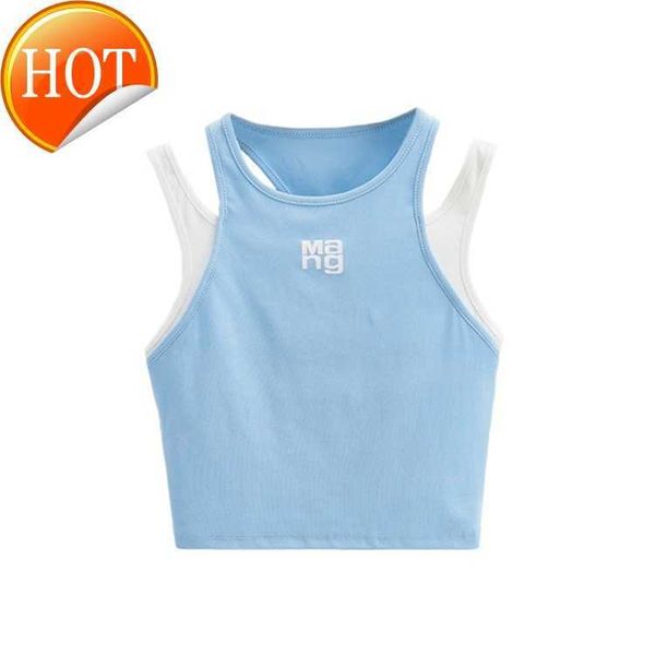 

designer haute couturechest letter printed slim fitting short bottomed with summer design feel round neck fake two contrasting color small t, White