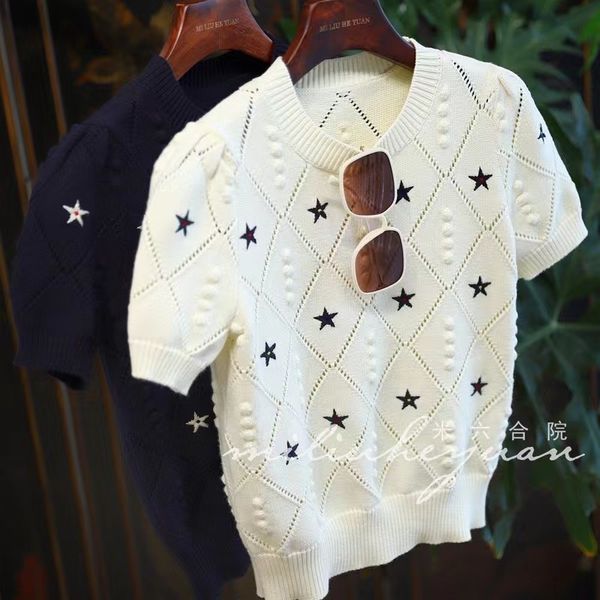 

women's t-shirt star print short sleeve knitted t-shirt women's tees spring summer hollow out bubble sleeve slim versatile knitwea, White