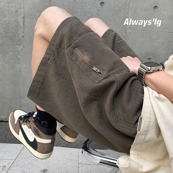 

men's shorts black/coffee summer loose large size y2k high street shorts zipper pocket teenager sports casual solid color shorts for me, White;black