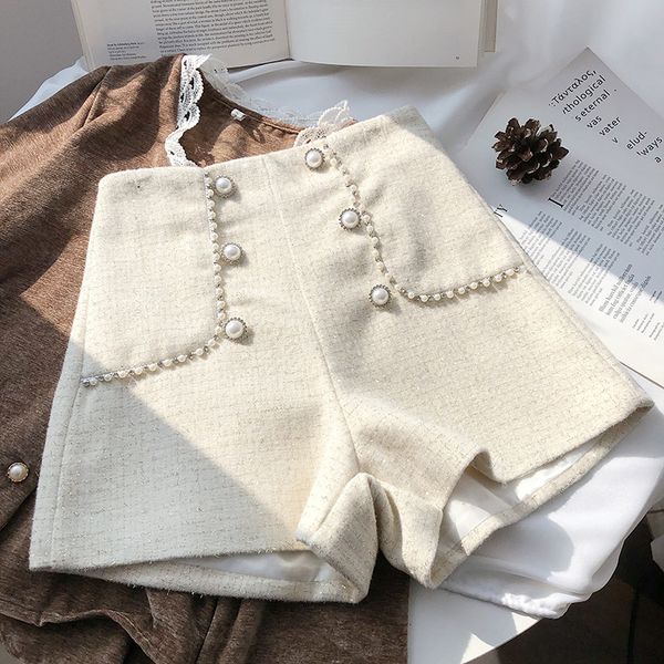 

women's shorts fashion elegant double-breasted beaded high waist women tweed shorts autumn winter slim office woolen beige black shorts, White;black