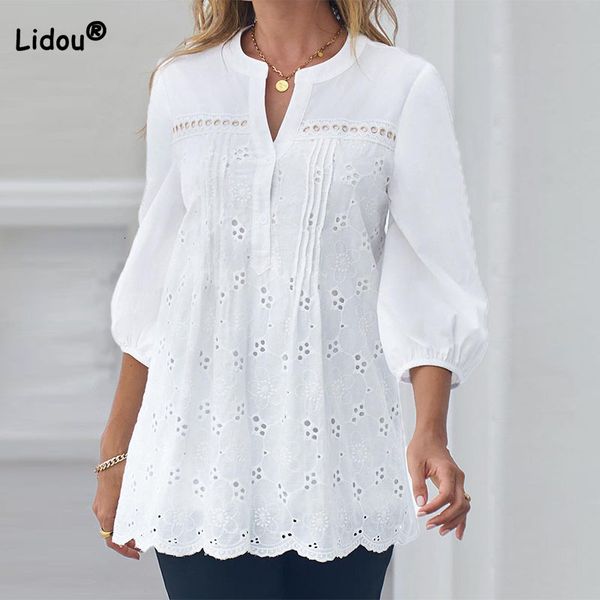

women's blouses shirts spring summer clothes for women allmatch white vneck hollow out pullover nine points sleeve blouse lace slim ele