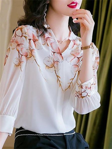 

t-shirt women spring summer style chiffon blouses shirts lady casual half sleeve vneck flower printed blusas df3719, White