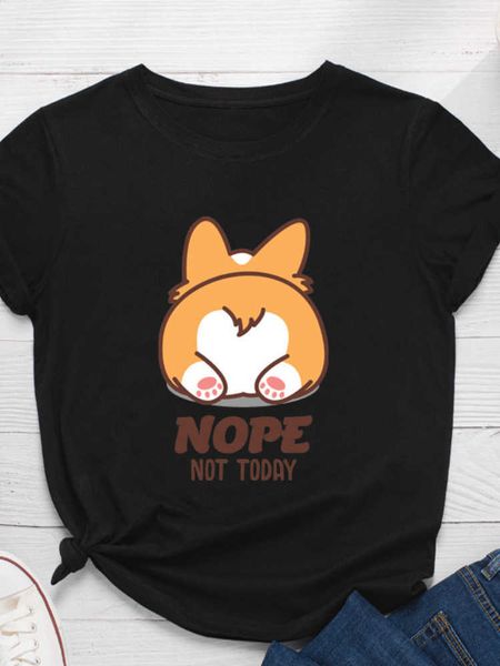 

nope not today cute corgi dog print women t shirt short sleeve o neck loose women tshirt ladies tee shirt camisetas mujer, White