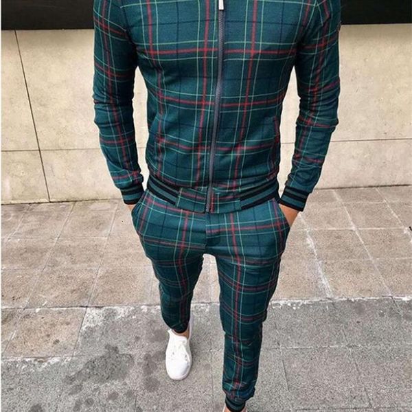 

men's tracksuits men set casual sportswear suit tracksuits sets plaid print sweatshirt jackets coat pants sets fashion brand male two p, Gray