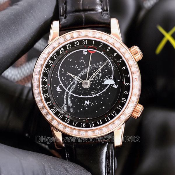 

luxury pp watches grand complications watch moonwatch mechanical movement moon dial sapphire crystal 44mm rose gold diamonds case leather st, Slivery;brown