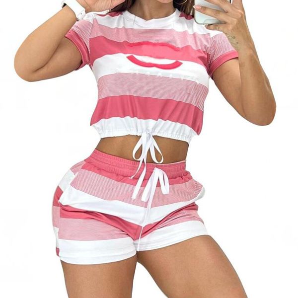 

summer new women's tracksuits outdoor leisure channel fashion stripe splice printed drawstring short sleeve t-shirt+lace up shorts two, Gray