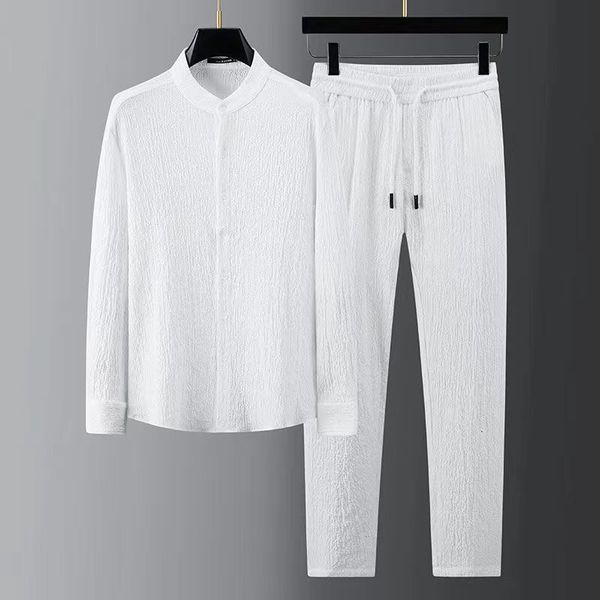 

men s tracksuits spring summer fashion suit men long sleeve casual shirts and pant seersucker striped pleats slim handsome two piece set 230, Gray