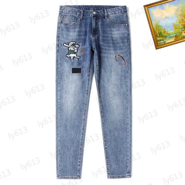 

spring summer mens designer jeans fashion retro classic brand cartoon logo embroidered print design stretch washed denim fabric pants male c, Blue
