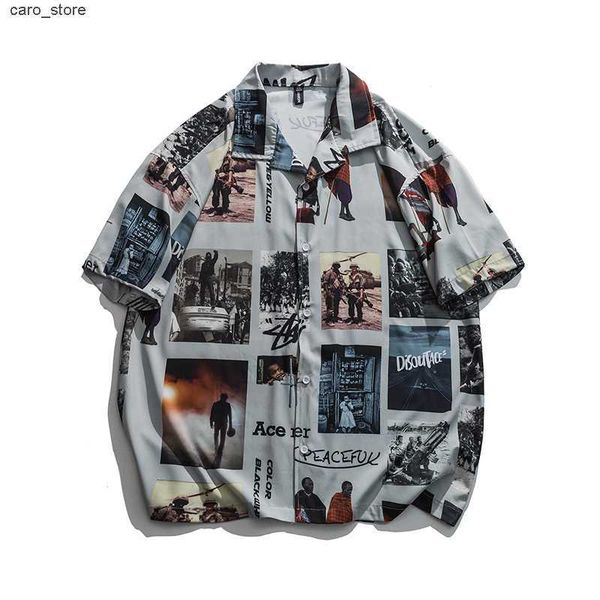 

men's casual shirts 2022 summer mens loose hip hop shirt harajuku various character scenes shirts men short sleeve hawaiian casual stre, White;black