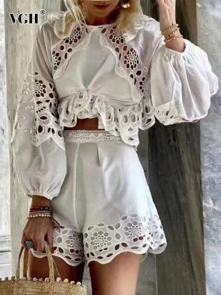 

dress vgh patchwork lace two piece set for women round neck long sleeve high waist shorts cut out sets female 2022 clothing, White