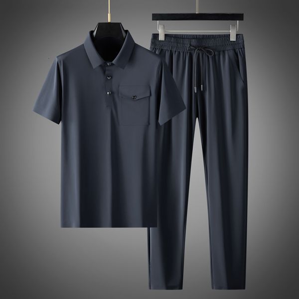

men's tracksuits minglu summer men's sets t-shirtpants luxury short sleeve seamless smart casual male suits elastic waist man pant, Gray