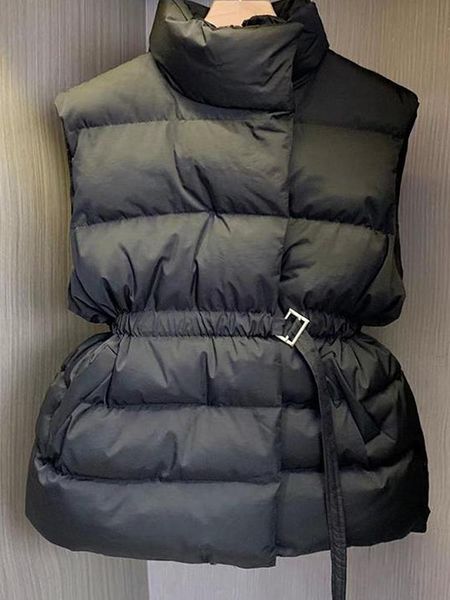 

vests puffer vest women winter sleeveless jacket ladies casual belt elegant coat female stand collar zipper outwear chaleco mujer, Black;white