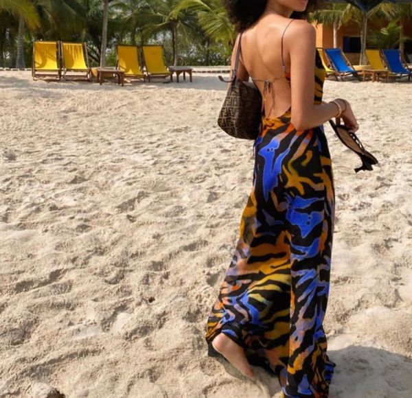 

casual dresses print maxi women low cut cowl neck back lace up seaside party club wear long 230503, Black;gray