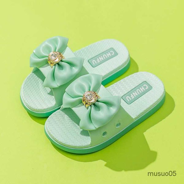

summer bowknot rhinestone girls slippers pvc non-slip children beach shoes baby home sandals kids flip flops, Black;red