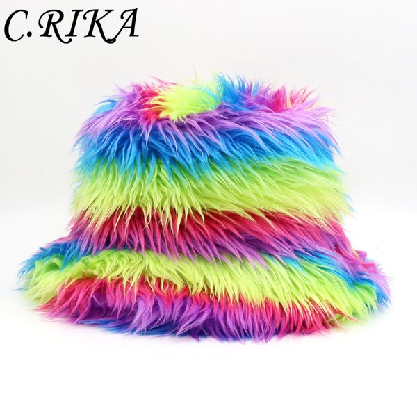 

wide brim hats bucket hats y2k women men colorful rainbow faux fur bucket hat winter thickened soft warm fluffy fishing cap outdoor vacation, Blue;gray