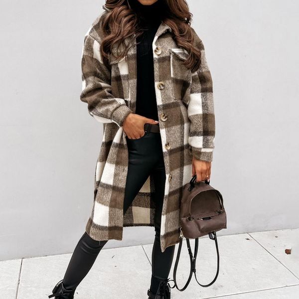 

fur wenyujh spring winter women checked jacket casual oversized turn down collar long coat female thick warm woolen blends overcoat, Black