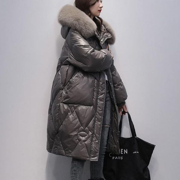 

leather women's parkas winter down padded jacket fashion midlength loose thickened hooded warm big fur collar winter coat women 2022, Black