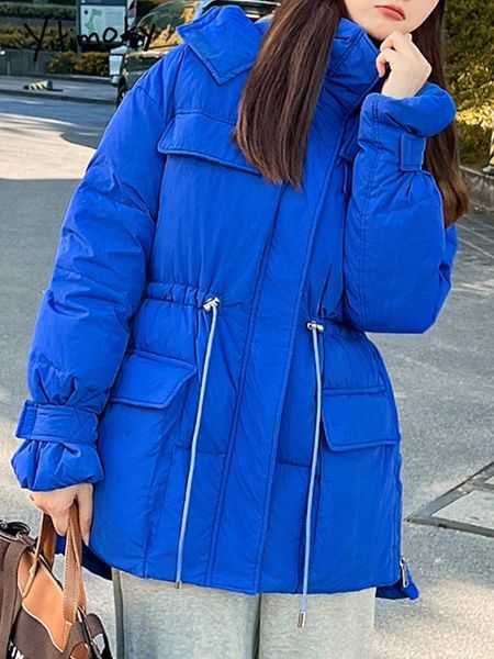 

leather yitimoky winter puffer jacket for women casual oversized blue parkas with a hood fashion coat thicken warm elegant outerwear, Black