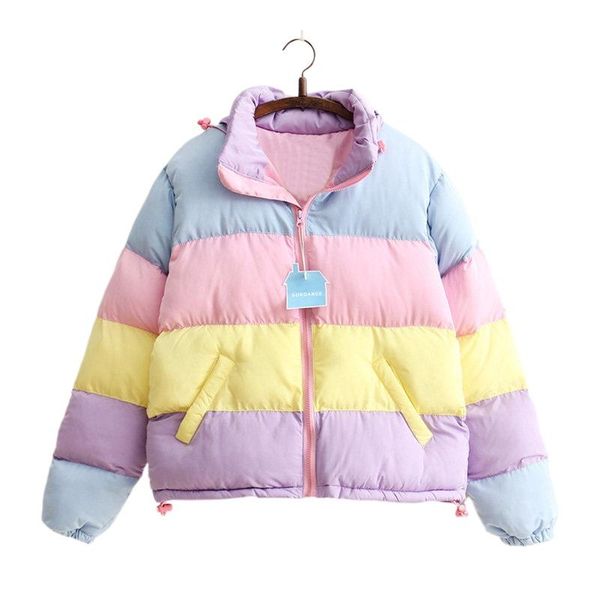 

leather oversized harajuku women coat parkas mujer short padded warm jacket rainbow stripe splicing fluffy parka femme clothing winter, Black