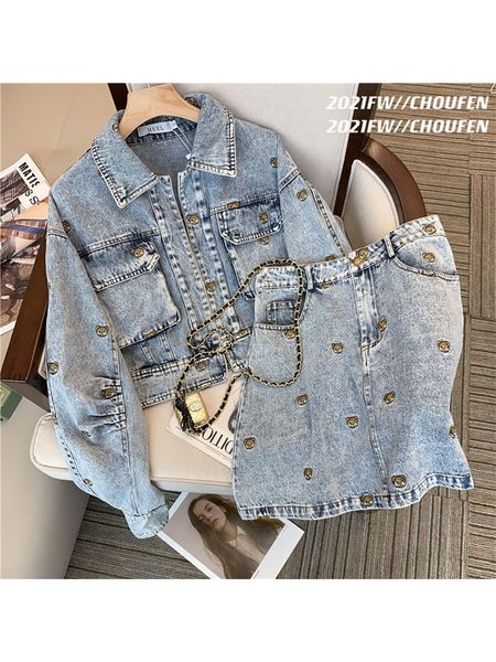 

two piece dress blue denim suit for women spring korean fashion casual designer styles and mini skirt two pieces y2k sets 230503, White