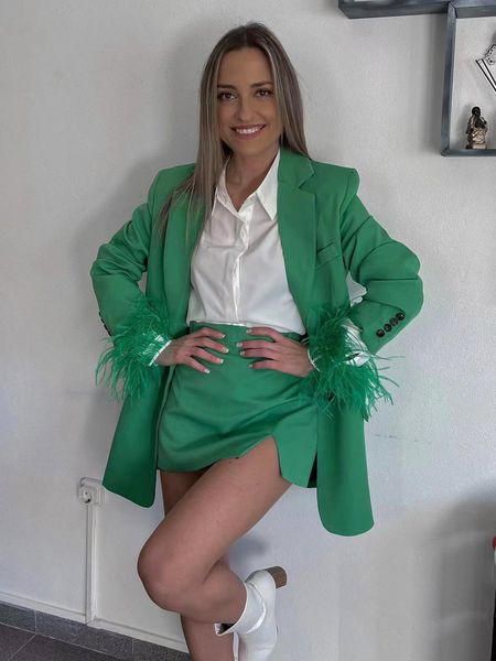 

pants stylish green solid women straight blazer jacket pockets single breasted fashion split mini skirt office ladt casual streetwear, White