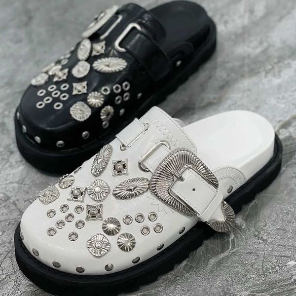 

boots summer women slippers platform rivets punk rock leather mules creative metal fittings casual party shoes female outdoor slides 221215, Black