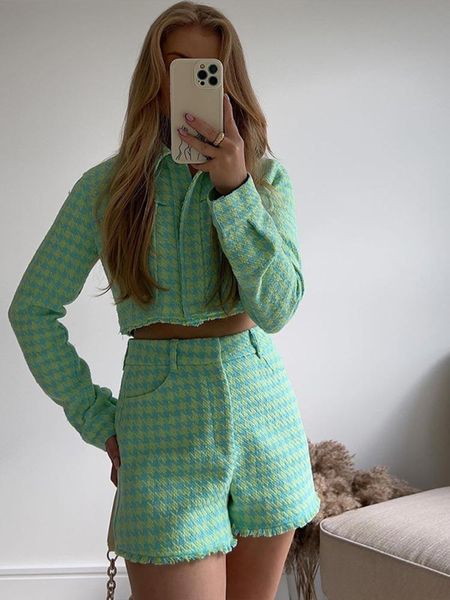 

dress women plaid coat frayed hem shorts suits female cropped tweed blazer high waist shorts sets 2022 fashion houndstooth outfits, White