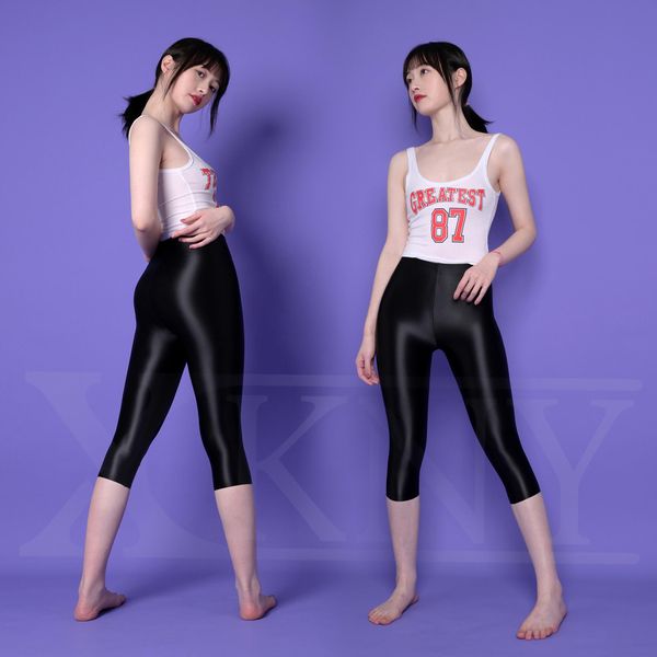 

set xckny new color satin gloss shorts tight silk high waist gloss pantyhose high elastic 7length pants yoga swimming pants