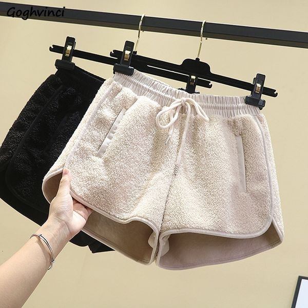 

women's shorts shorts women solid drawstring loose korean style all-match vintage elegant winter ladies lambswool warm stylish high str, White;black