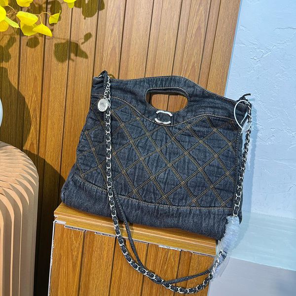 

designer womens denim shopping bag beach bag handbag embroidery seam shoulder bag retro blue two-color gradient coin charm travel bag large