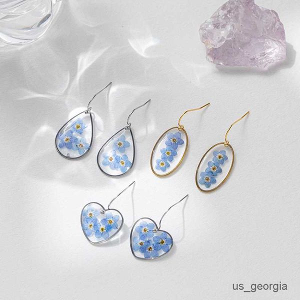

stud charm summer real flower forget me not dried flower earrings fashion resin drop earrings for women earrings, Golden;silver