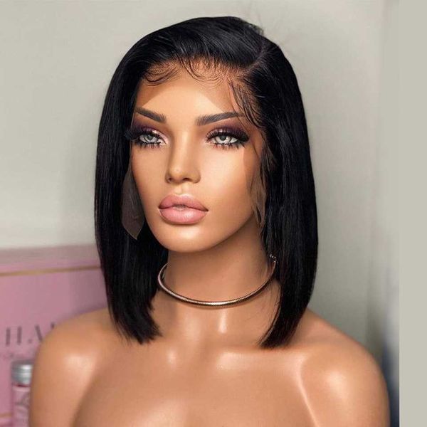 

synthetic wigs short bob human hair wigs brazilian 13x4 glueless straight lace front for women transparent pre plucked bone wig 230227, Black