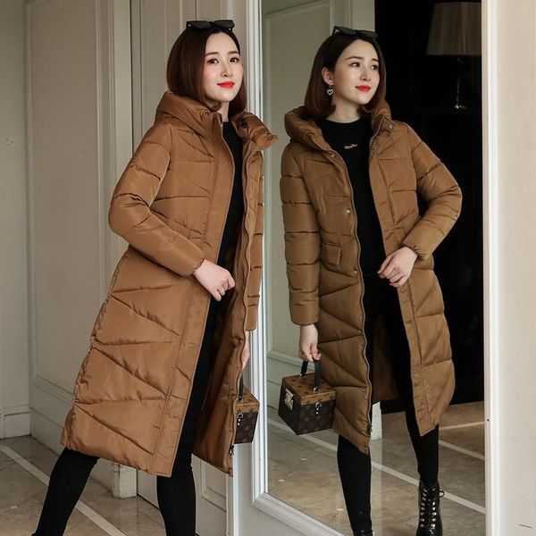 

leather 2022 new fashion women jacket hooded parkas slim cotton padded female winter coat warm thicken outerwear female long snow parkas, Black