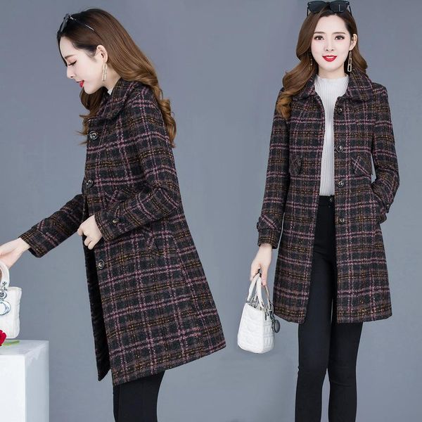

fur wool coat women midlength autumn winter 2022 new section loose thick warm outerwear female casual lattice overcoat female, Black