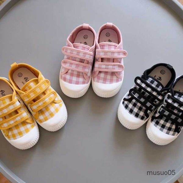 

athletic outdoor 2023 autumn new lattice children hook loop canvas for boys girls kindergarten shoes baby toddler soft sole sneakers, Black