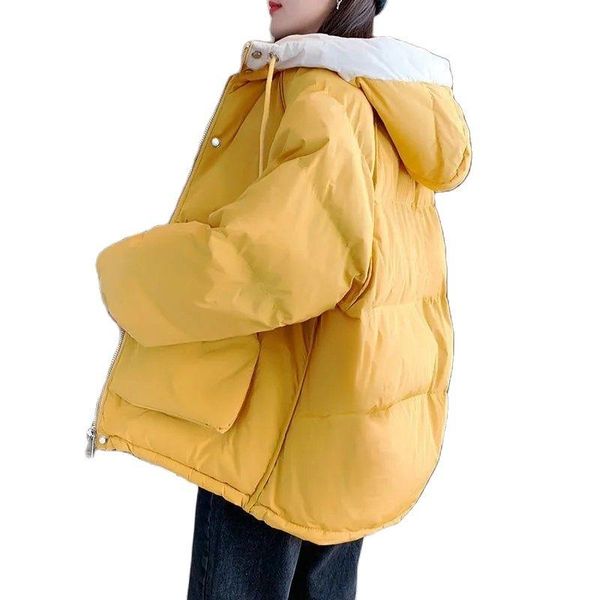 

leather loose warm down cotton padded jackets fashion new women's parkas splice drawstring hooded outwear solid female short coats, Black