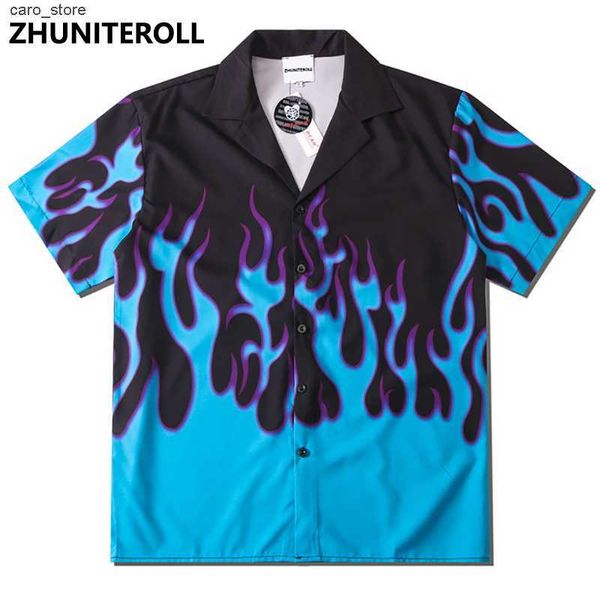 

men's casual shirts 2021 blue fire flame print hawaiian beach shirts hip hop button shirt mens summer fashion short sleeve holiday part, White;black