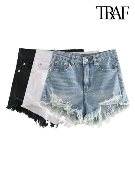 

women's shorts traf women fashion front pockets frayed hems denim shorts vintage high waist zipper fly female short pants mujer 230503, White;black
