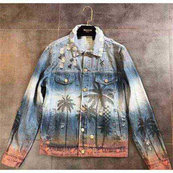 

fashiondemon autumn new men's women's clothing denim jacket coat washed hole frayed outerwear vintage coconut palm print hip hop j, Black;brown