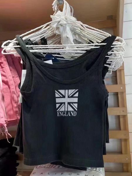 

t-shirt vintage flag print slim crop women summer casual round neck sleeveless short y2k clothes retro chic streetwear cotton, White