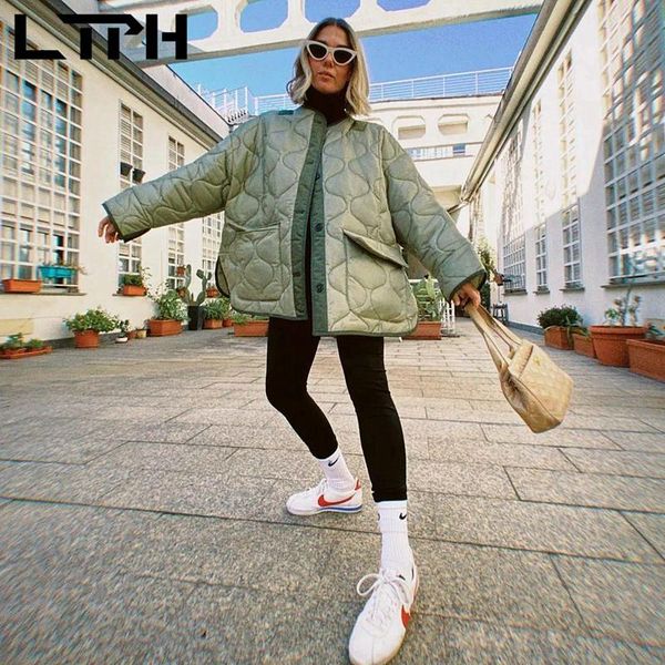 

leather ltph vintage women parkas green quilted jacket light thin warm large pockets oversized loose midlength coats 2021 autumn new, Black