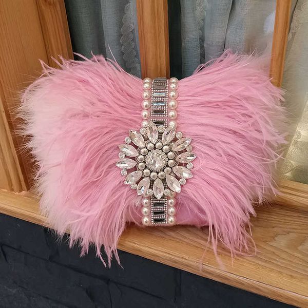 

shoulder bags handbags for women designer evening pink ostrich fur feather clutches diamond rings dinner chain purse bolsos clutch 230426