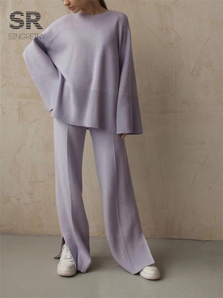 

pants singreiny casual two piece knitted sets wide leg long pants o neck flare long sleeve pullover fashion loose winter sweater suits, White