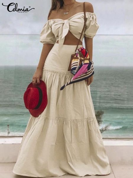 

dress women 2022 summer dress sets celmia short puff sleeve short and stitching pleats long skirts suits holiday 2pcs sets, White