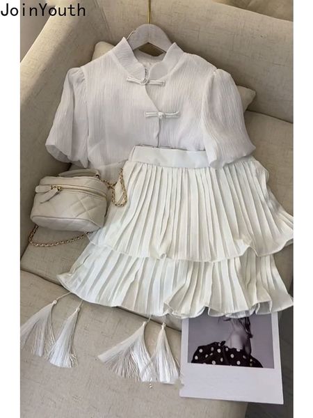 

two piece dress summer skirts outfits ropa mujer vintage two piece set for women stand neck short sleeve shirt high wist pleated skirt suit, White