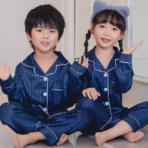 

pajamas striped silk pajama set for kids homewear girls long sleeved night clothes satin boys casual sleep loungewear 3-13yrs 230503, Blue;red